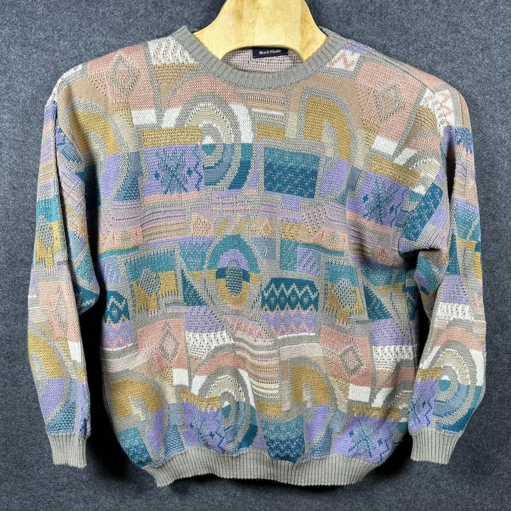 Mark Shale Vintage 90s Abstract Geometric Knit Sweater Mens XL Made in Italy